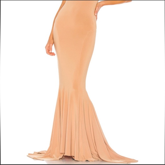 $350 REVOLVE Norma Kamali Low Back Slip Mermaid Fishtail Gown Nude Beige Dress - Picture 9 of 12